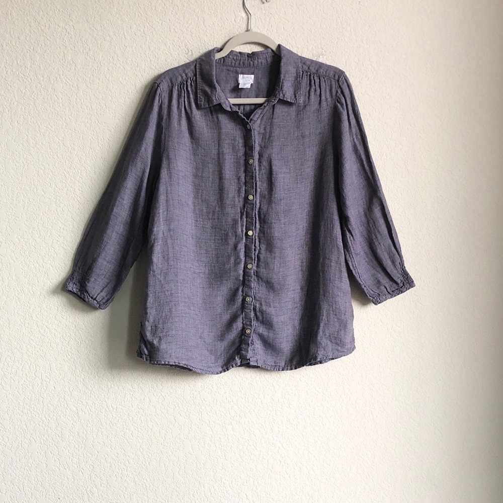 Sigrid Olsen 3/4 Sleeve 100% Linen Button Front Shirt Heathered Blue Grey